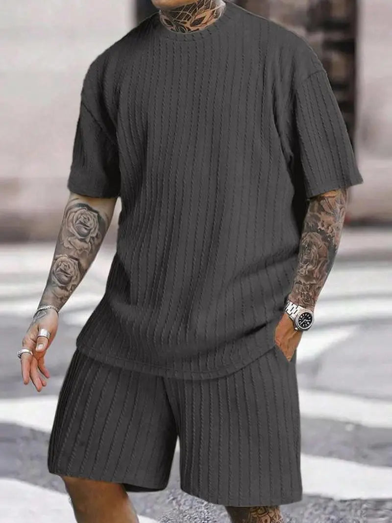 Men'S Summer Casual Set, Plain Shoulder Drop Tee & Drawstring Waist Pocket Shorts, Breathable Jacquard Fabric, Loose Fit, 2 Piece